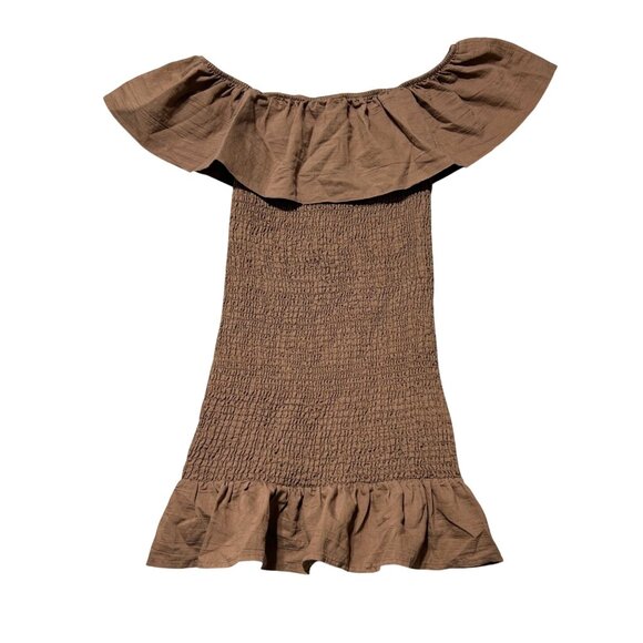 Anthropologie Women's Sz Small Smocked Off-Shoulder Midi Brown Dress Ruffle Hem - Picture 2 of 9